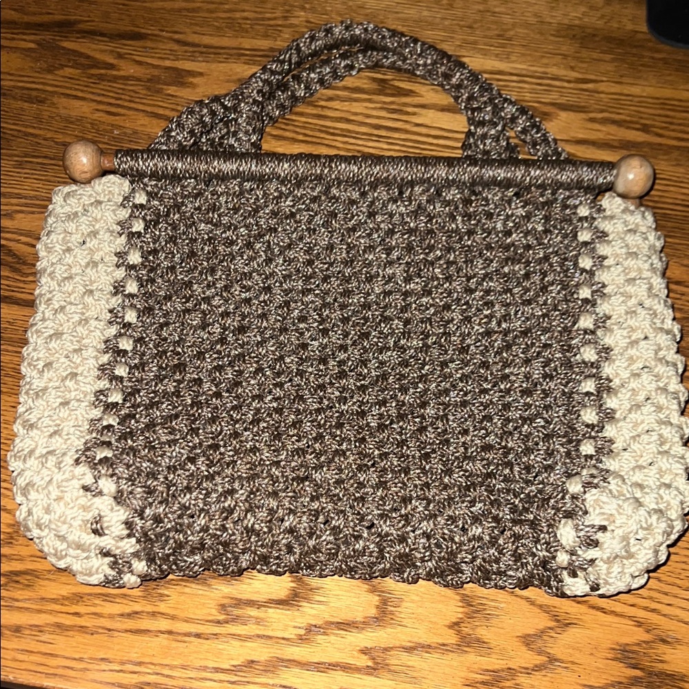 Rare Hand Crafted Brown and Cream Crochet macrame Satchel one of a kind